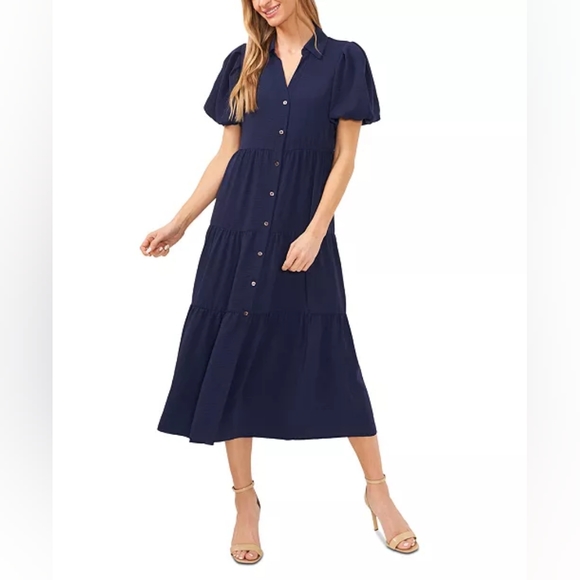 NWT - CeCe Navy Blue Button-Down Tiered Midi Shirtdress - Size XL - Picture 1 of 11